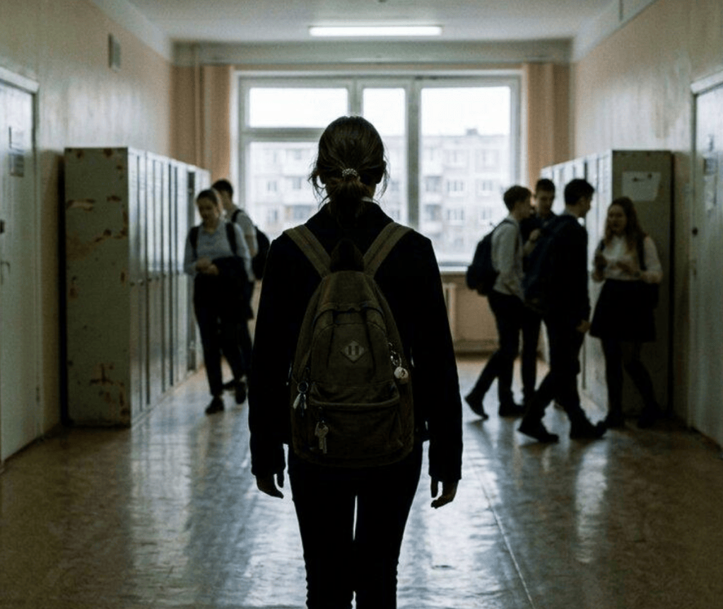 Image depicts a girl walking down a school hallway, approaching lockers and other students. It captures the feeling of isolation, and the social environment surrounding young people.